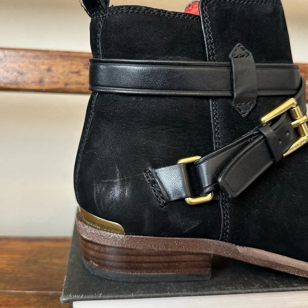 COACH Leoda Black Suede Buckle Ankle Booties Boots